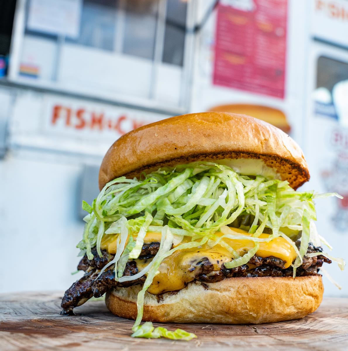 Tall smash burger on a brioche bun